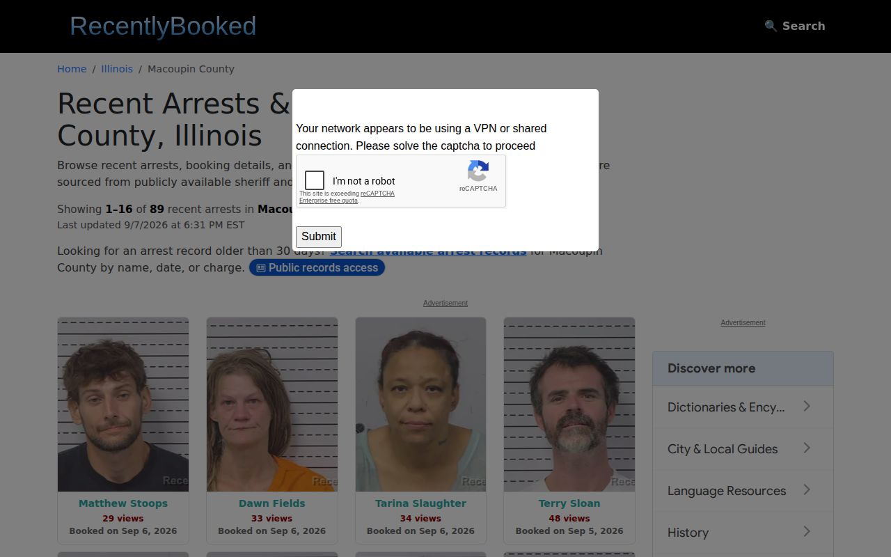 Unofficial Macoupin County recent arrest publisher interface